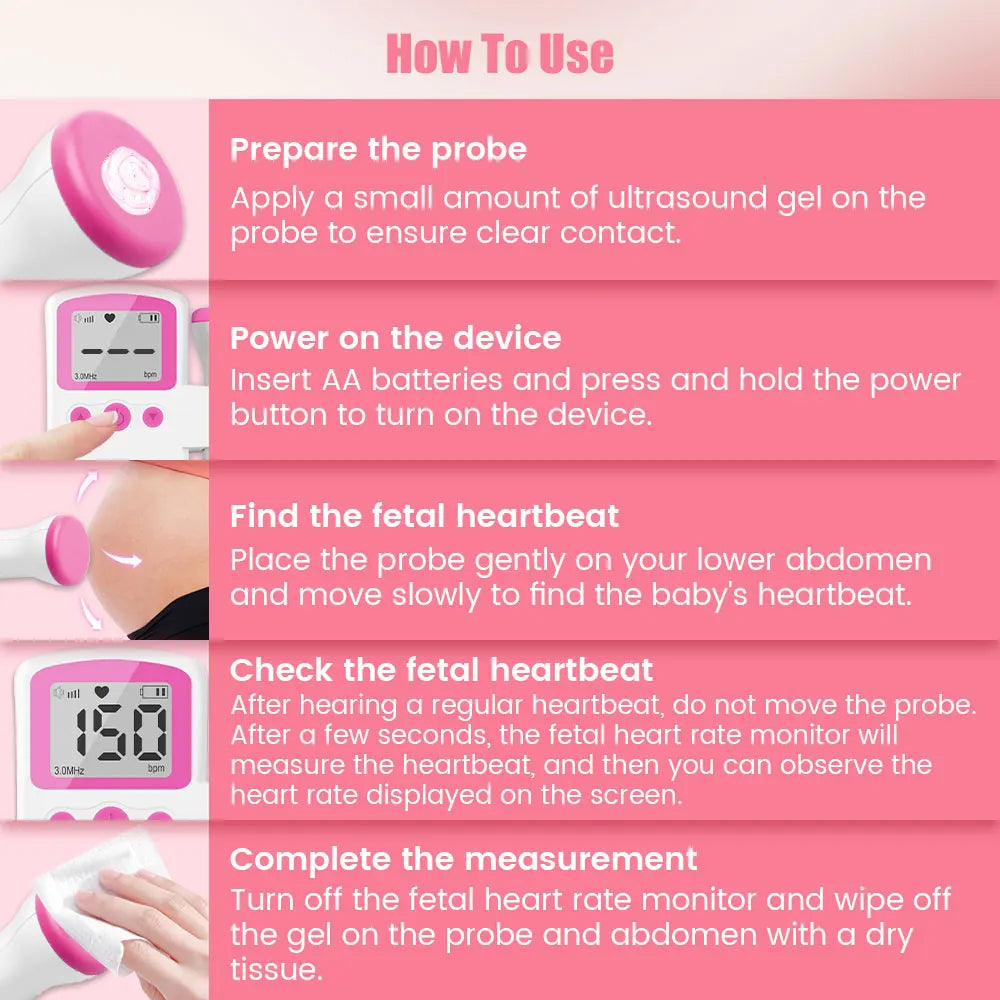Doppler Cardiofrequenzimetro Fetale E Gel Heart Beat Gravidanza Baby Fetal Sound Rilevatore Di Frequenza Cardiaca Nessuna Radiazione Display LCD Curve